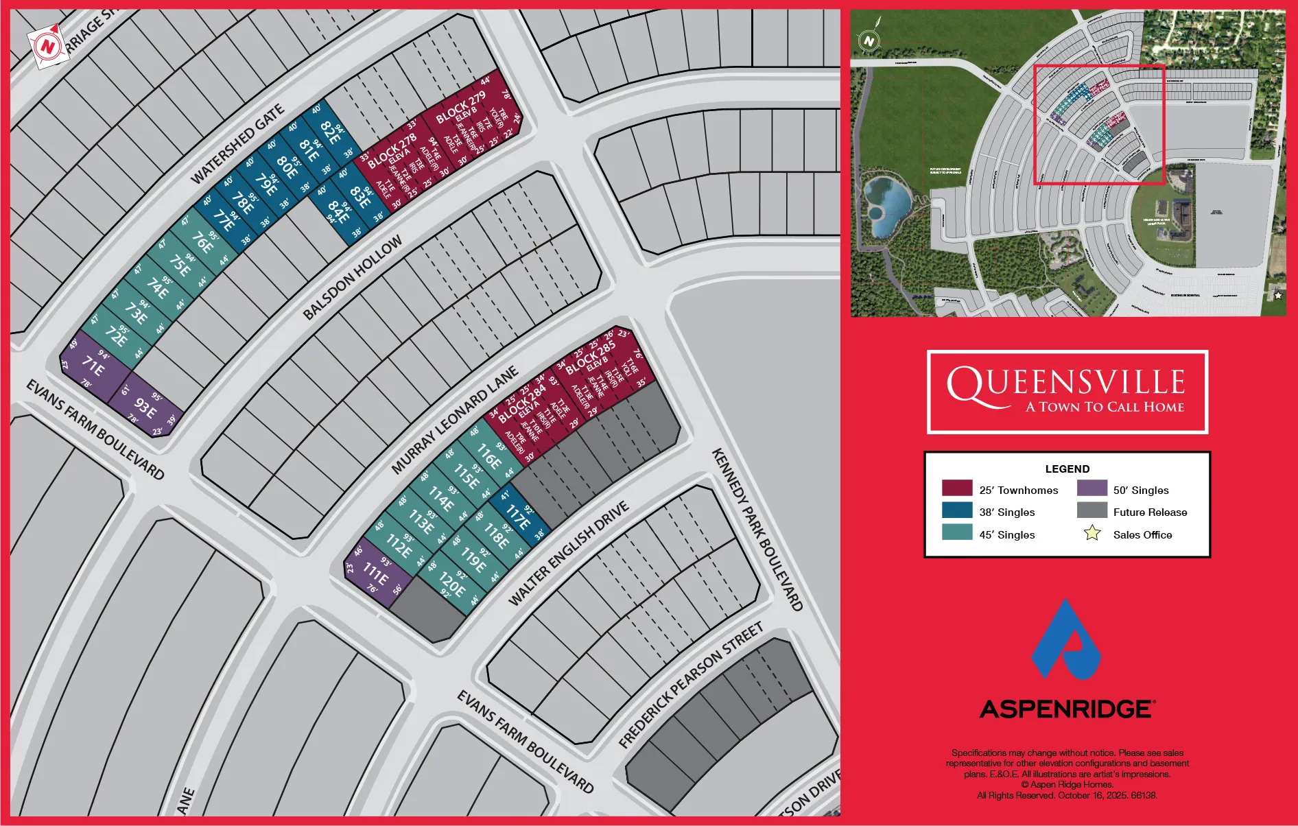 Queensville site plan — Aspen Ridge towns in Blocks 278, 279, 284 and 285 on Watershed Gate and Murray Leonard Lane